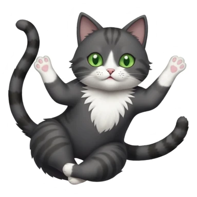 dark grey cat with green eyes, white toes/paws and white patch on her chest playfully rolling upside down sticker