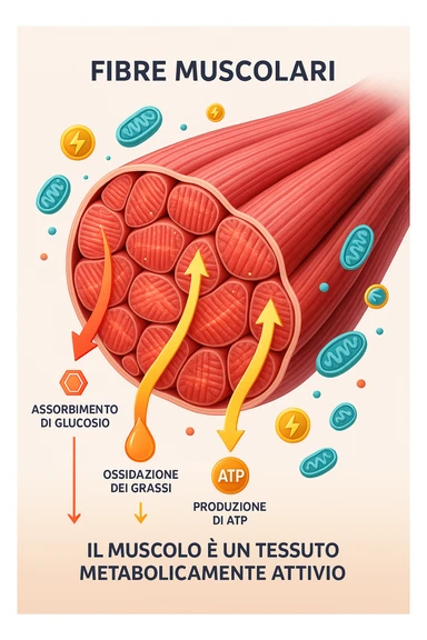 a highly detailed cross-section of human skeletal muscle fibers, shown in vibrant red and pink tones, with visible striations and realistic texture. Glowing arrows and animated icons represent active metabolic processes—such as glucose uptake, fat oxidation, and ATP production—occurring within the muscle tissue. Surrounding the muscle, floating symbols for mitochondria and energy highlight its metabolic activity. The background is clean and clinical, with subtle labels and infographics explaining that muscle is a metabolically active tissue. The overall style is modern, scientific, and visually engaging, suitable for educational or medical use. in italiano sticker