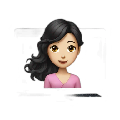 Korean girl in front of macbook, long and wavy black hair sticker