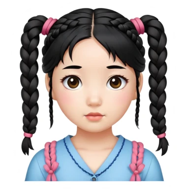Korean girl, cute girl,  braided pigtails tied down, black hair sticker