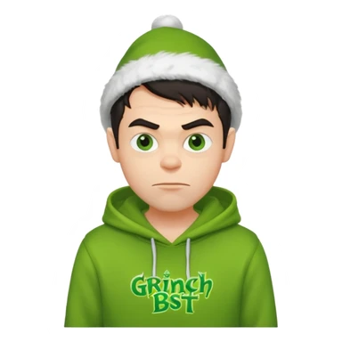 Create an avatar of white European with dark hair  male in hoodie with ``BST`` letters on it. Make background to look like from movie Grinch sticker