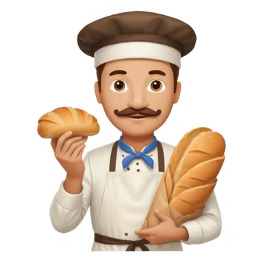 Middle aged male pastry chef - with a mustache, apron, white hat, holding a bag of bread sticker