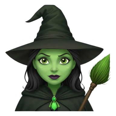 elphaba wicked witch with broom close up, evil dark coily long dark hair, green skin, thick green lips, cheekbones, smirk evil menacing cythia erivo dark aesthetic black hat cloak o sticker