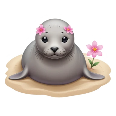 A grey small, slim  seal resting gracefully on a sandy beach, with a delicate pink flower placed on its head.   sticker