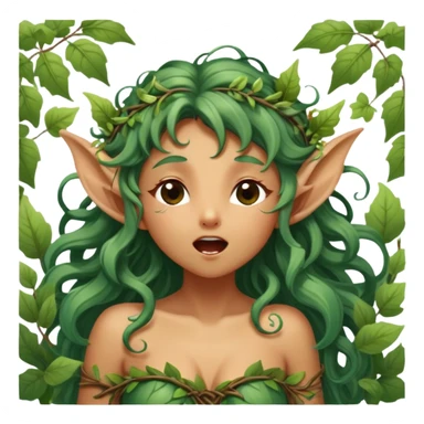 Cinematic Realistic Forest Nymph Fairy Portrait, head tilted slightly with a dramatic, wide-open yawn, revealing a tender, relaxed visage with finely detailed tanned skin and flowing, vine-adorned hair gently framing her face. Her sleepy eyes exude a serene, dreamlike quality as soft natural sunlight filters through the canopy, capturing the essence of a drowsy yet captivating forest nymph drifting into peaceful slumber. sticker