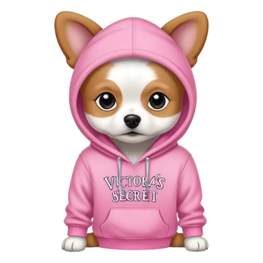 small dog wearing Victoria's Secret pink hoodie with logo sticker