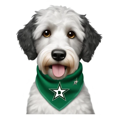 Aussiedoodle wearing a neck bandana with the NHL Dallas Stars hockey team logo sticker
