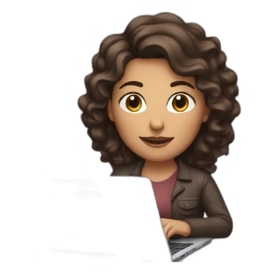 woman with wavy dark brown hair, typing on a laptop sticker