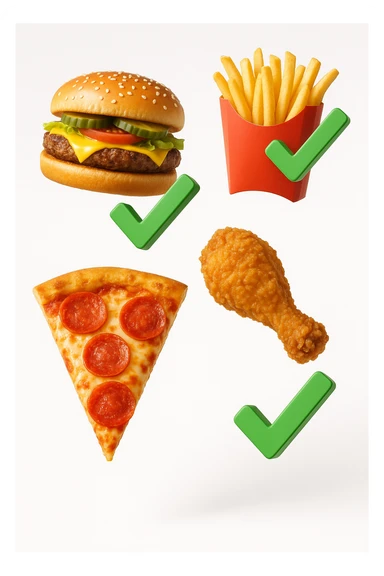 fast food realistico fluttua in aria insieme a spunte di verificato in 3d, sfondo bianco sticker