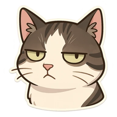 A cat head with an impatient expression, eyes looking to the left and frowning sticker