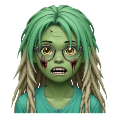 One teen female green-skinned, zombie super pretty with glasses, with ombre black roots & teal tips long dreadlocks and a side bang of her locs that fall over the right eye and a worried expression like with the mouth open, teeth showing, and the jaw uneven. with a small wound near its mouth. sticker