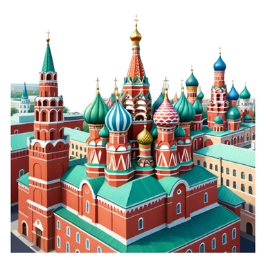 Isometric illustration of Moscow, featuring photorealistic Moscow with colorful onion domes, hand-drawn painterly details, subtle texture on bricks and roofs, realistic shadows and soft lighting, muted yet vivid color palette, diorama miniature effect. sticker