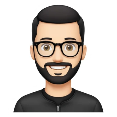 Fair-skinned man with almost buzz cut black hair (extremely short but not completely shaved), short salt and pepper beard, large black-framed glasses, smiling, wearing black long sleeve zip shirt at neck sticker