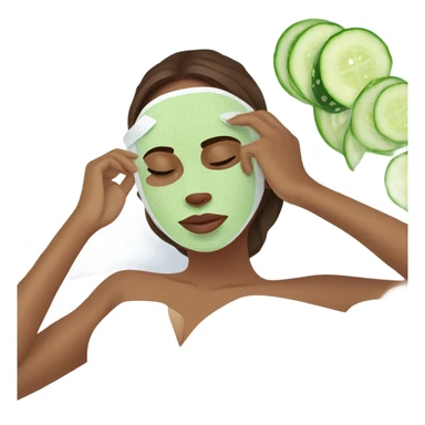 Girl with freackles Brown hair white skin and blue eyes wears Green colored texture skin care mask all over her face while She relaxes and puts two round piece of cucumber on her closed eyes In a white Robe sticker