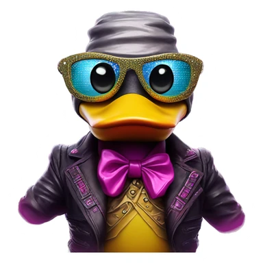 Synthwave rubberduck in Lordi style, oil paint, epic eyes, intricate lips, exquisite pose, beautiful, desirable, logical sticker