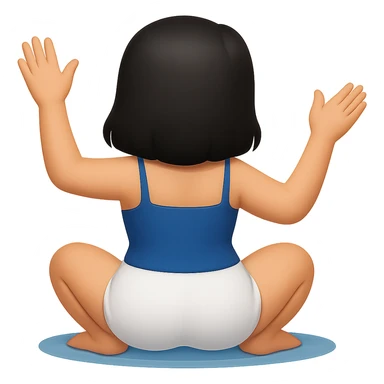 Edit the image to change the hair color to black. Keep the image safe for work (SFW), show the back view, sitting on soles, waving. Remove the background so it is transparent. sticker