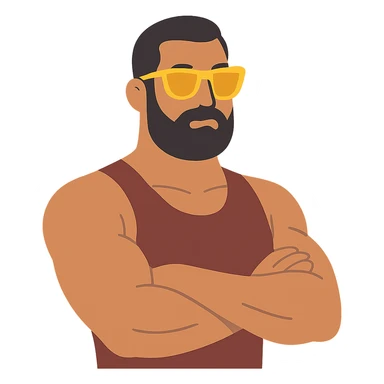 flat design style muscular man with black beard wearing yellow sunglasses sticker