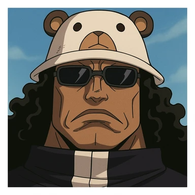 Bartholomew Kuma from One Piece, close-up of face, bear hat, sunglasses, anime style sticker