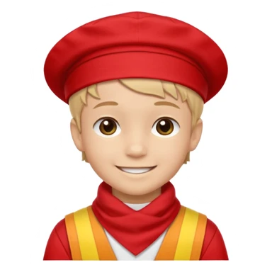 A Soviet pioneer emoji — smiling young boy wearing a bright red tie (pioneer neckerchief) and a red pilotka cap. White shirt, neat and cheerful, minimal flat emoji style, simple colors, clear outlines, professional emoji design. sticker
