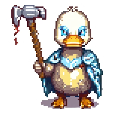 pixel art duck holding Thor's hammer Mjolnir with a lightning rod coming out of it, no armor, simple and heroic sticker