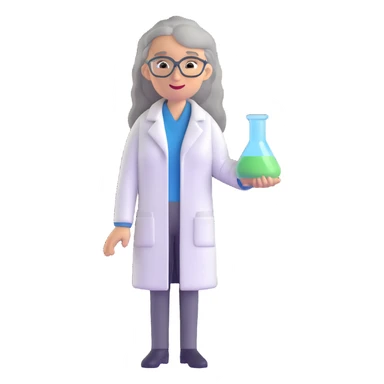 woman science teacher with long graying hair, wearing a lab coat sticker