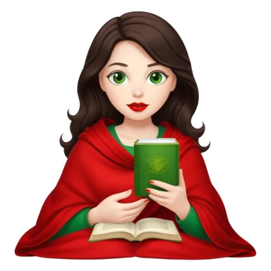 Long wavy dark brown haired, white skinned, dark big green eyed girl with red lipstick wrapped in a red blanket, sipping tea and reading a book sticker