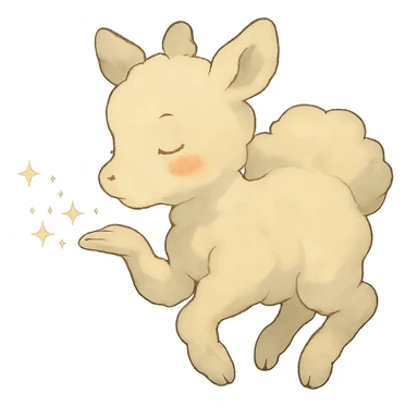 vanilla-colored cloud doe with rosy cheeks, floating gently while blowing a kiss with sparkles, soft ghibli style sticker