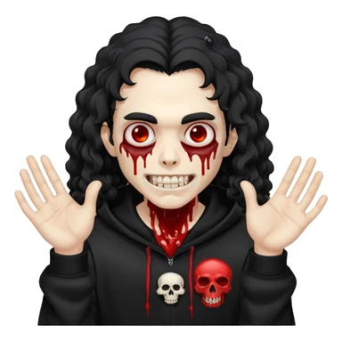Vampire wearing a black hoodie with a skull logo on it, long curly hair that covers the forehead, fanged teeth and blood on hands sticker