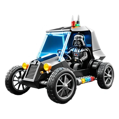 Mad max survival apocalypse ghostly sporty antique electric Darth Vader’s Batman-armored 1926 black graphite colored enclosed twin seat Lego town buggy with horizontal holographic 3d stars painted on the body sides and neon under glow  sticker