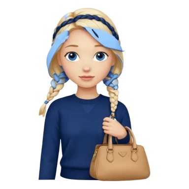 blonde girl with a loose braid and blue eyes with prada hand bag and a navy sweater  sticker