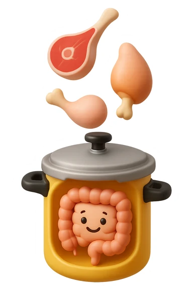 emoji stile iphone in 3d di una pentola a pressione dentro cui cadono agnello, pollo, tacchino crudi e un intestino umano felice da cuocere, iperrealistico 4k sticker