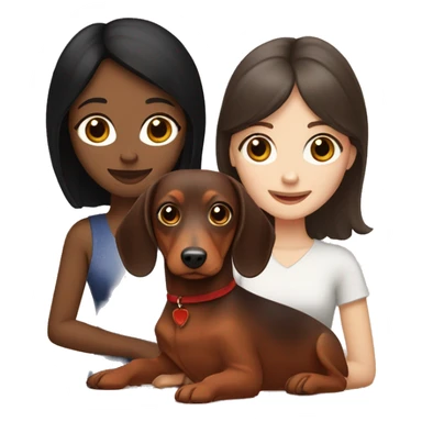 White girl with straight black hair holding a red dachshund and brown dachshund  sticker