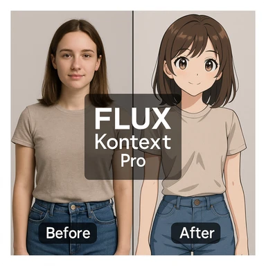 create before after image of a girl before is realsitic photo, after is anime version of her in same pose and clothes, add logo with text of a "FLUX Kontext Pro" sticker