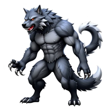 cinematic-noble-fierce-werewolf-full-body-emoji, poised-and-imposing, with a tall, lean, and muscular wolfish frame inspired by the brutal, imposing shape of the beast from Berserk, fur rippling in shades of midnight black and silver, massive paws with razor-sharp claws, elongated limbs and fangs, eyes glowing with an intense, primal ferocity, reflecting the untamed power of the wild moonlit night; rendered with realism sticker