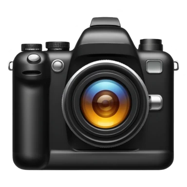 The camera features a solid black body with a shiny lens. sticker