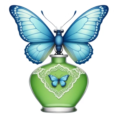 delicate blue butterfly perched on a green perfume bottle with lace trim sticker