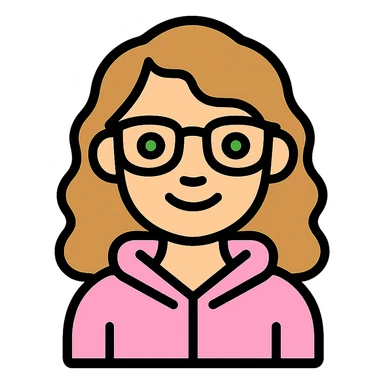 Edit the image to depict a girl with lighter skin, dark blonde wavy hair, green eyes, wearing a baby pink hoodie and brown glasses, smiling, with no background. sticker