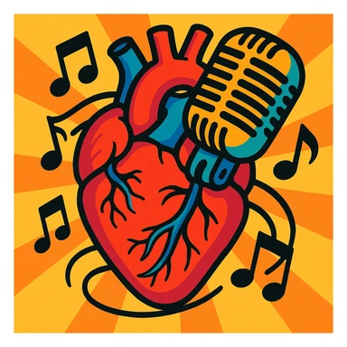 anatomical heart and retro microphone fused together, music notes accenting the design, bold and expressive sticker