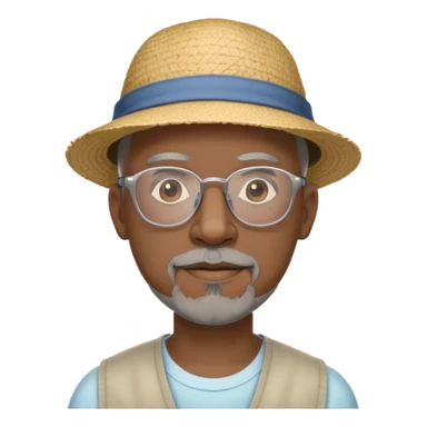 Bald mature Black male with Grey goatee and light glasses and a summer hat
 sticker