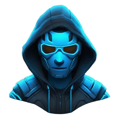 developer behind his laptop with this style : crysis Cyberpunk Riot Games Valorant neon glowing bright blue character blue black hooded assassin themed character sticker