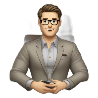 Pale skinned Fit Man With dark brown hair in gray jacket, beige office shirt, Brown pants and vintage glasses sitting In a soft chair with a notebook with emblem Ψ and a pen in his hands sticker