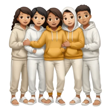four mixed race friends all wearing white oversized hoodies with the hoods up, white sweatpants, and white slides huddled together hugging sticker