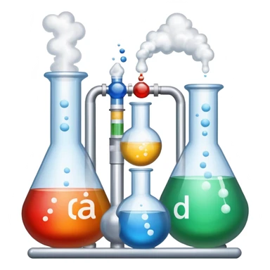 An icon featuring chemical flasks with tubes, representing hydrolysis, along with liquids, powders, and chemical formulas. The design includes molecules and reaction symbols, symbolizing the study of chemical processes and compounds. Transparent background highlights the science of reactions. sticker