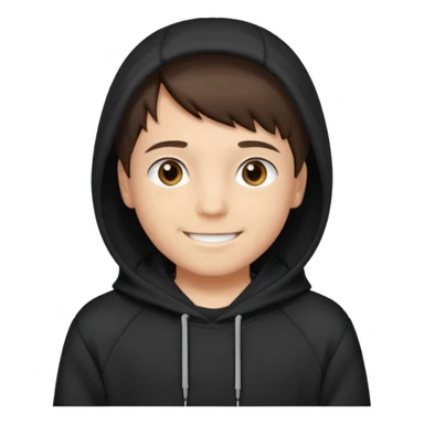 A brunette boy, short straight hair, light brown eyes, with a black sweatshirt with a hoodie, and smile  sticker