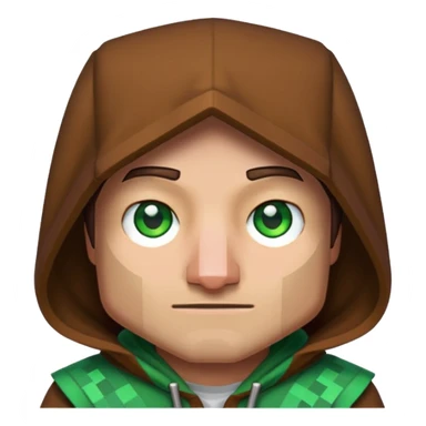 Pixel art 2D emoji of a Minecraft villager face, with brown hood, big nose, green eyes, and blocky edges in Minecraft style sticker
