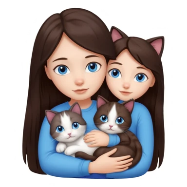 a girl with long dark 
brown hair, with blue eyes, hugs 3 different natural coloured small cats sticker
