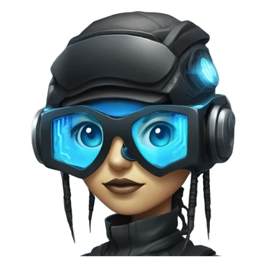 female netrunner, cyberpunk hacker with mechanical glasses, black robot body, black vr headset, eyes covered, no eyes, blue neon sticker