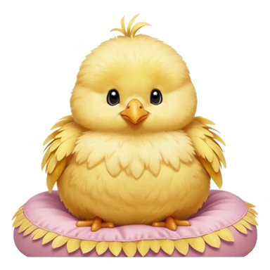 Cinematic round fluffy chick, golden yellow, tiny beak and feet, soft downy feathers, sparkling gentle eyes, sitting on a pastel-colored cushion, radiating warmth and sweetness. sticker