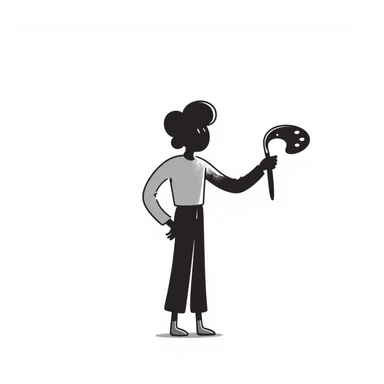 A paintbrush morphing into a metal human figure silhouette, representing artistic identity sticker