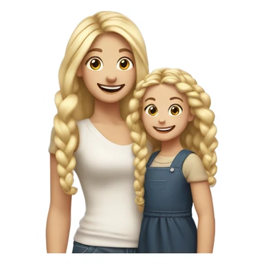 An emoji of a blonde mother with very long hair and a cheerful expression, standing next to her 3-year-old daughter, a small girl with black hair styled in two braids, both smiling happily together sticker